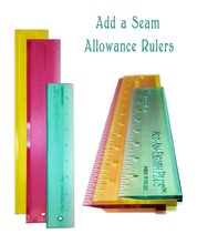 Load image into Gallery viewer, A set of colorful acrylic sewing rulers with measurement markings, used for measuring and cutting fabric to add an additional seam measurement. on white background