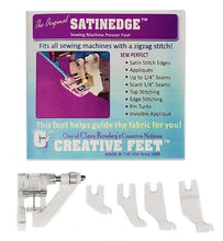 Load image into Gallery viewer, Creative Feet Satinedge Sewing Machine Presser Foot Package Contents foot, 4 snap-on adapters and instruction booklet