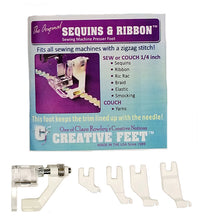 Load image into Gallery viewer, Creative Feet Sequins &amp; Ribbon Sewing Machine Presser Foot Package Contents
