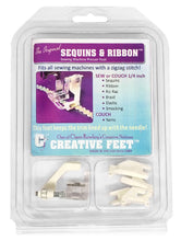Load image into Gallery viewer, Creative Feet Sequins & Ribbon Sewing Machine Pressor Foot inside plastic package showing the foot, 4 snap-on adapters and illustrated instructions booklet