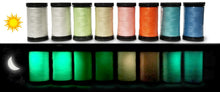Load image into Gallery viewer, WonderFil Ahrora polyester threads glow in the dark comparison