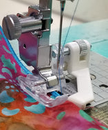 Creative Feet Satinedge Foot Edge Stitching Closeup with needle, fabric and thread