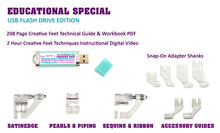 Load image into Gallery viewer, Creative Feet Sewing Machine Feet Educational Special Workbook &amp; Video on USB Contents
